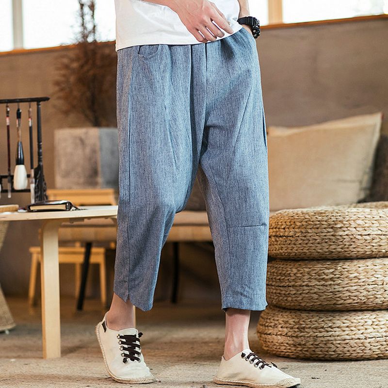 New Fashion Men Casual Harem Pants Summer Trousers Mens Cotton Linen Pants Male Chinese Style Solid Calf-length Pants