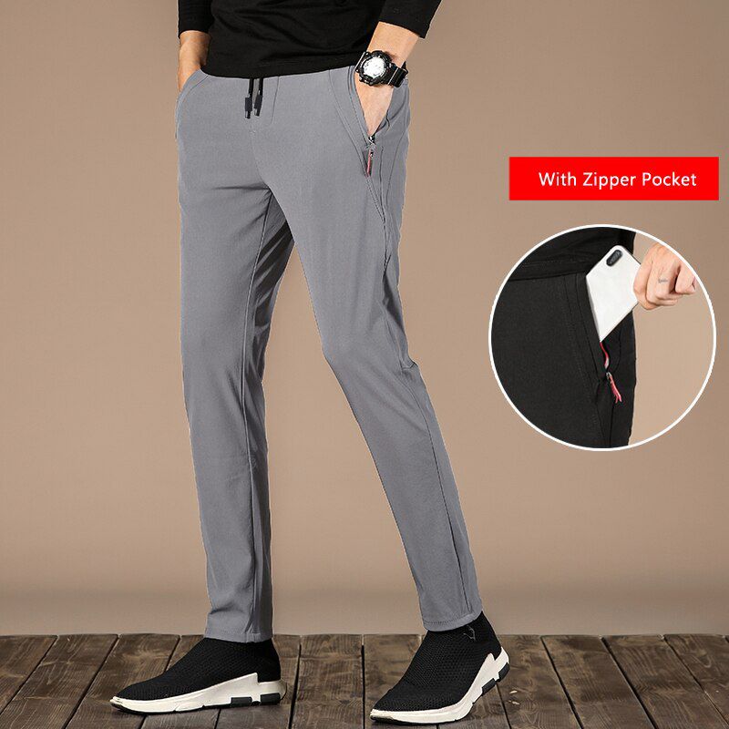New Mens Spring Summer Thin Casual Pants Men Elastic Waist Straight Trousers Slim Fit Male Pants Lightweight