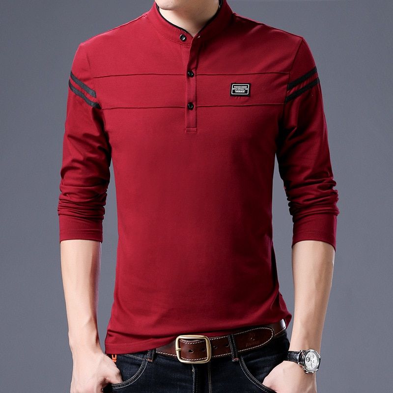 Men T Shirt Man Long Sleeve Tshirt Men's Clothing Fashion Casual Classic Mandarin Collar T-Shirts Cotton Tops Tees Male Tshirts