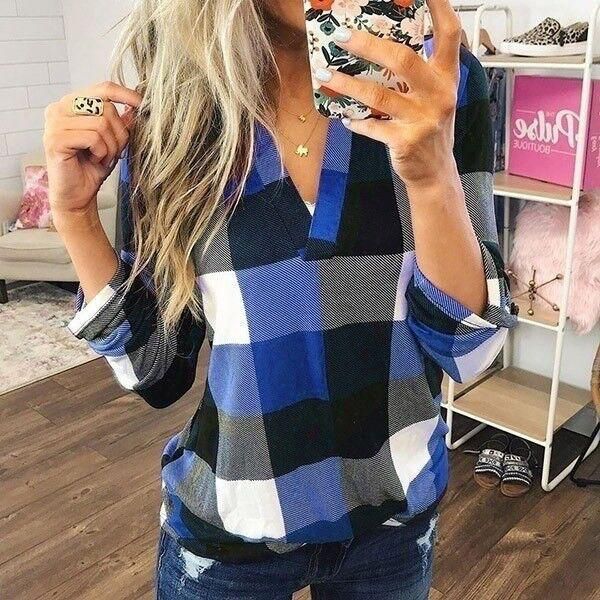 Women Autumn Long Sleeve Plaid Check Tee Shirt Blouse Ladies Workout Casual Loose Pullover Tops Women Costume