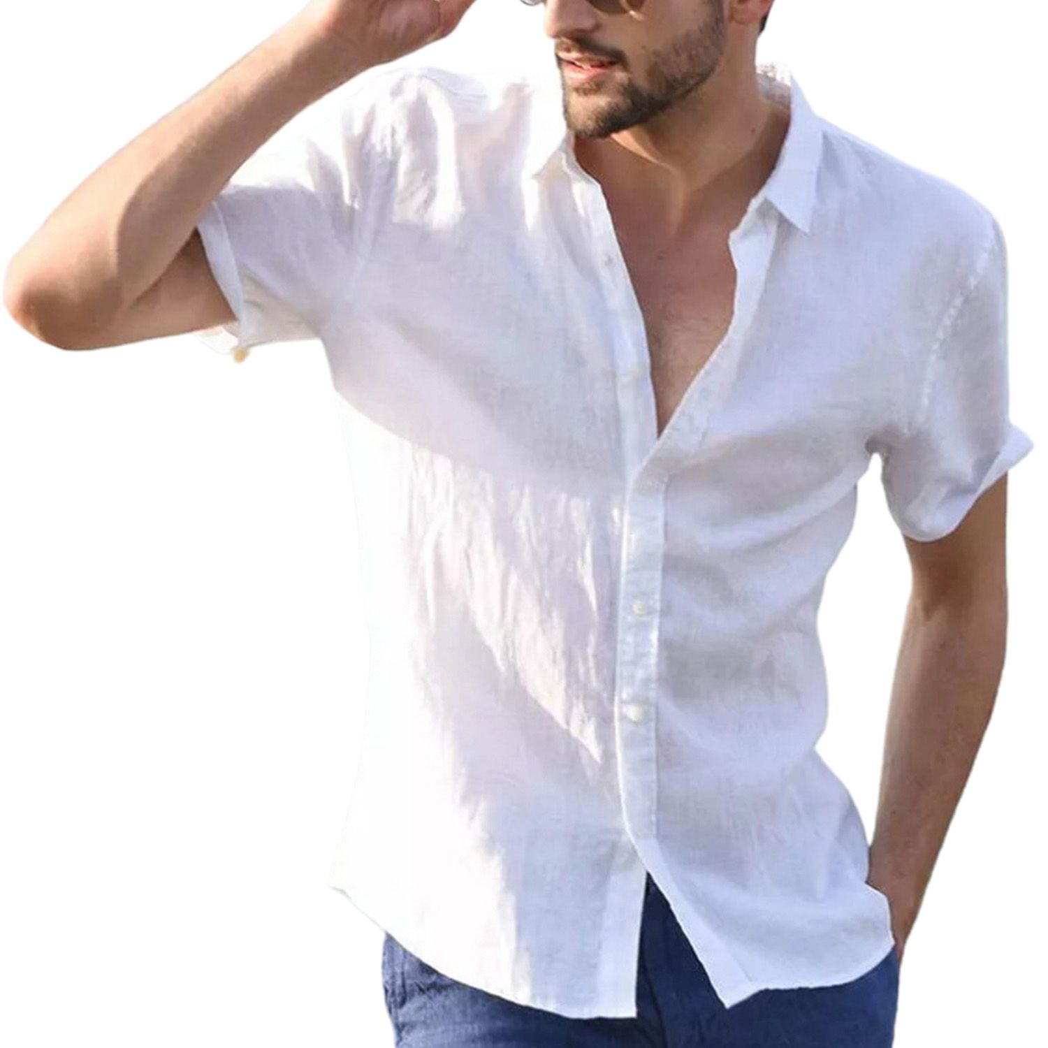 Short Sleeve Beach Shirt Turn-down Collar Breathable Solid Color Buttons Closure Men Shirt Workwear