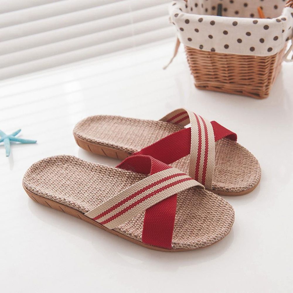 【ALLGOOD】New Ready Women's Fashion  Anti-slip Linen Home Indoor Open Toe Flat Shoes Beach Slippers CNY