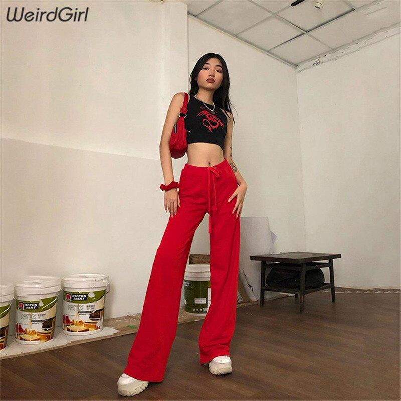 Drawstring Solid Stretchy Wide Leg Pants Women Casual Fashion High Waist Bottom Streetwear Outwear Basic Trousers Summer