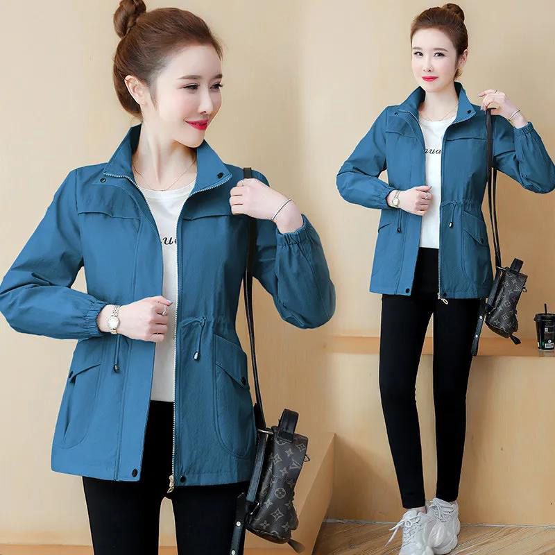 Chic Windbreaker Jacket Women Spring Autumn Outwear Tops New Large Size 3XL Waist Jackets Blue Black Fashion Female Coat