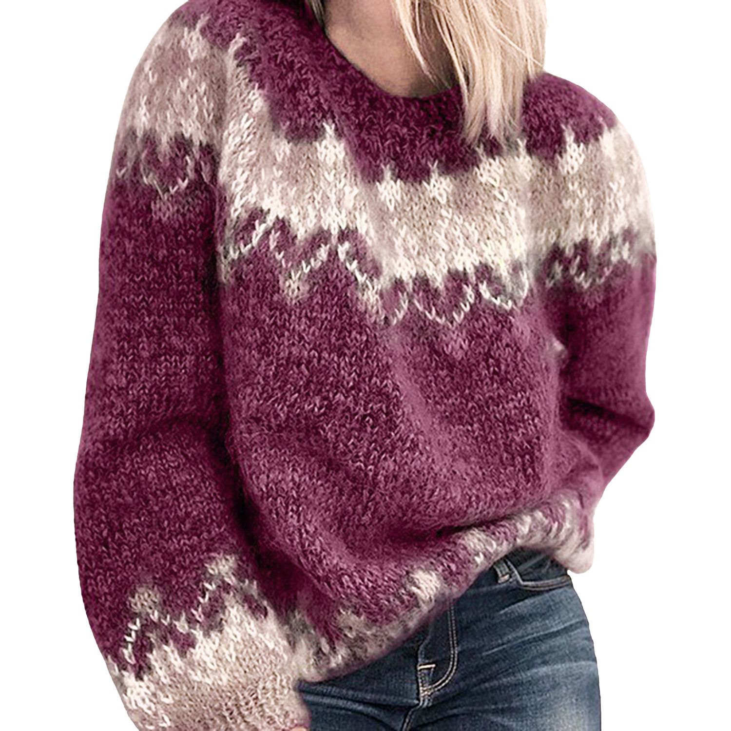 Sweater Jumper O-Neck Jacquard Loose Warm Pullover Sweater
