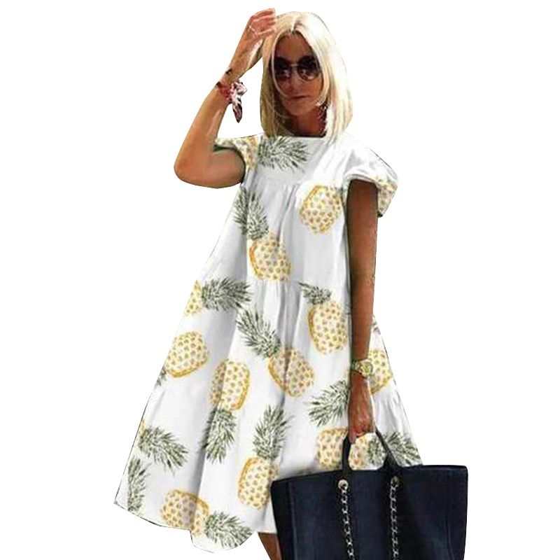 Summer 2021 Women 'S Retro Loose 2xl Casual Round Neck Short Sleeve One-Piece Dresses White Short Dress Vestidos Clothes