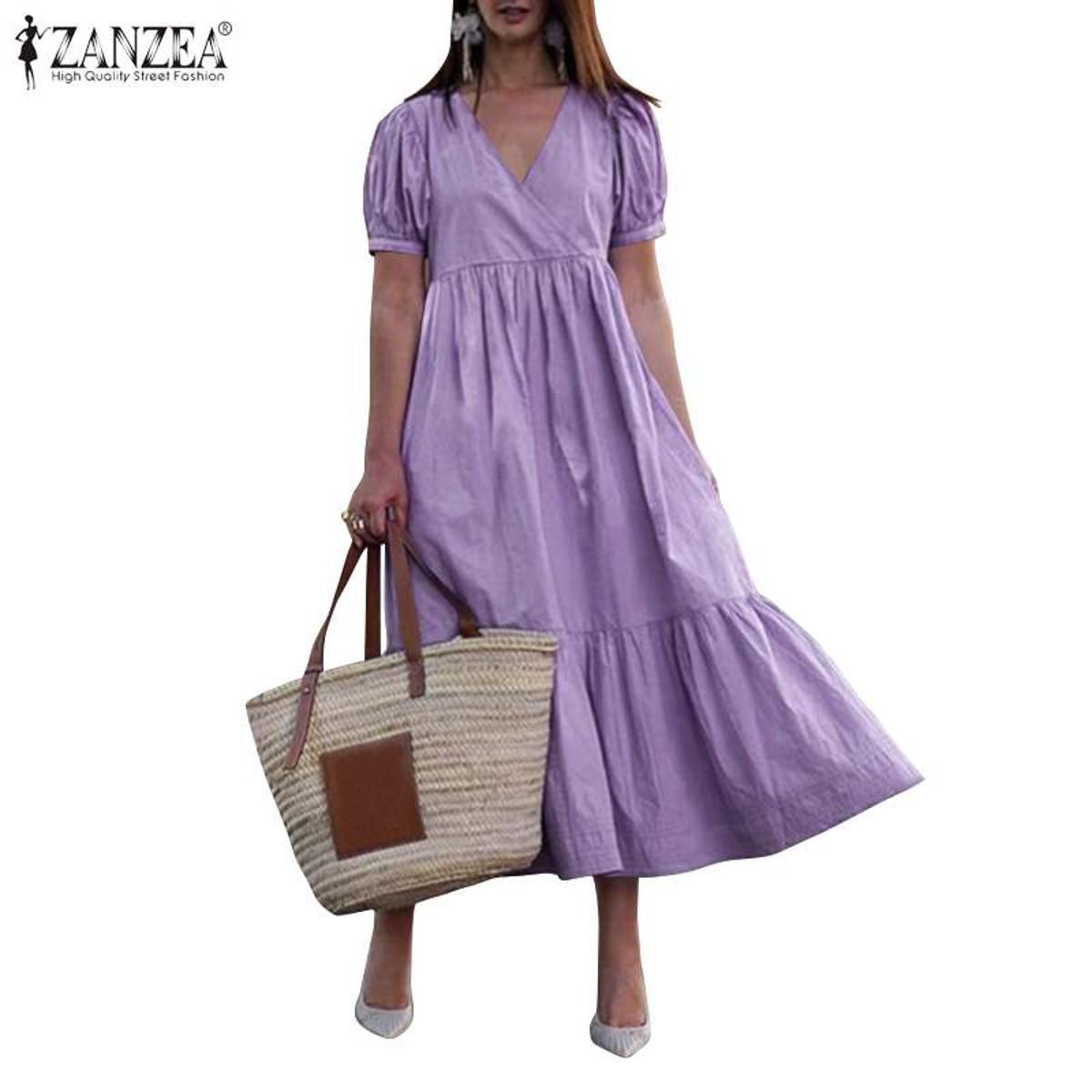 Women's Summer Elegant Sundress ZANZEA Short Puff Sleeves Ruffle Maxi Dress Casual V Neck Robe Femme Solid Cotton Vestidos M-