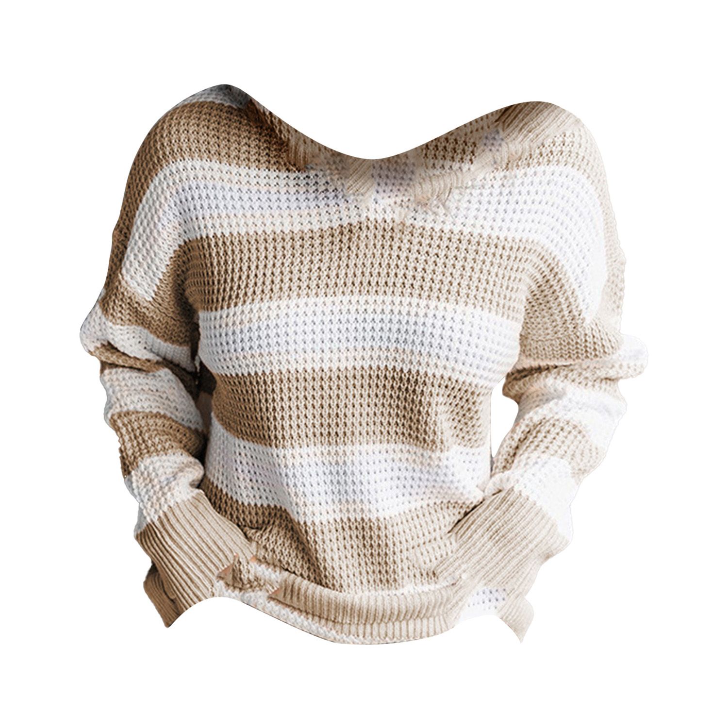 Women Sweater Horizontal Stripes Crew Neck Knitted Pullover