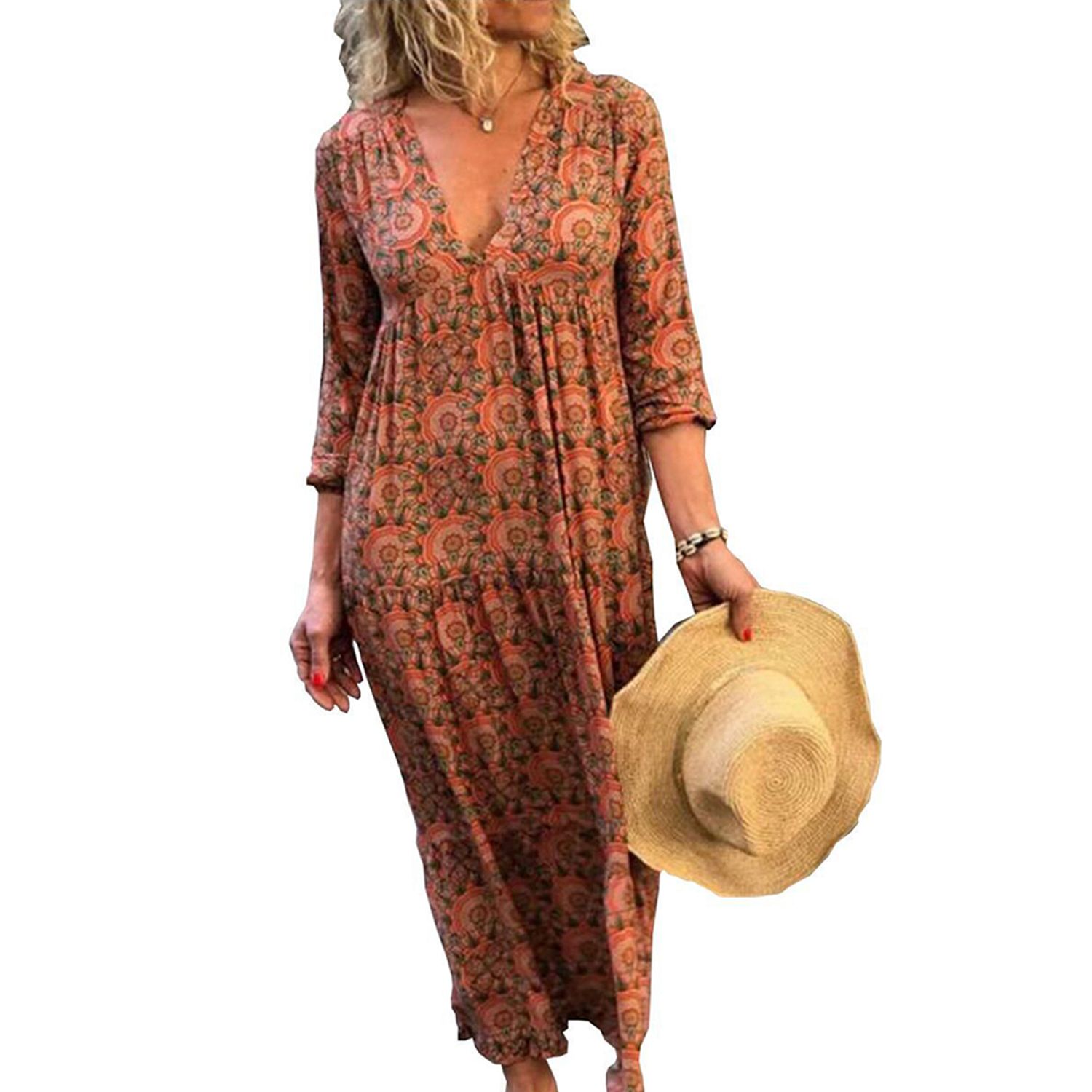 2021 Women's Bohemian Floral-Print V Neck Dress Long Sleeve Retro Loose Midi Dress (S/M/L/XL/XXL/XXXL)
