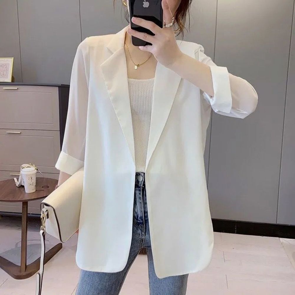 Yfashion Women Suit   emperament Loose 3/4 Sleeve Casual Blazers  Front Cardigan Solid Color  Work Office Suit  color:White size:M