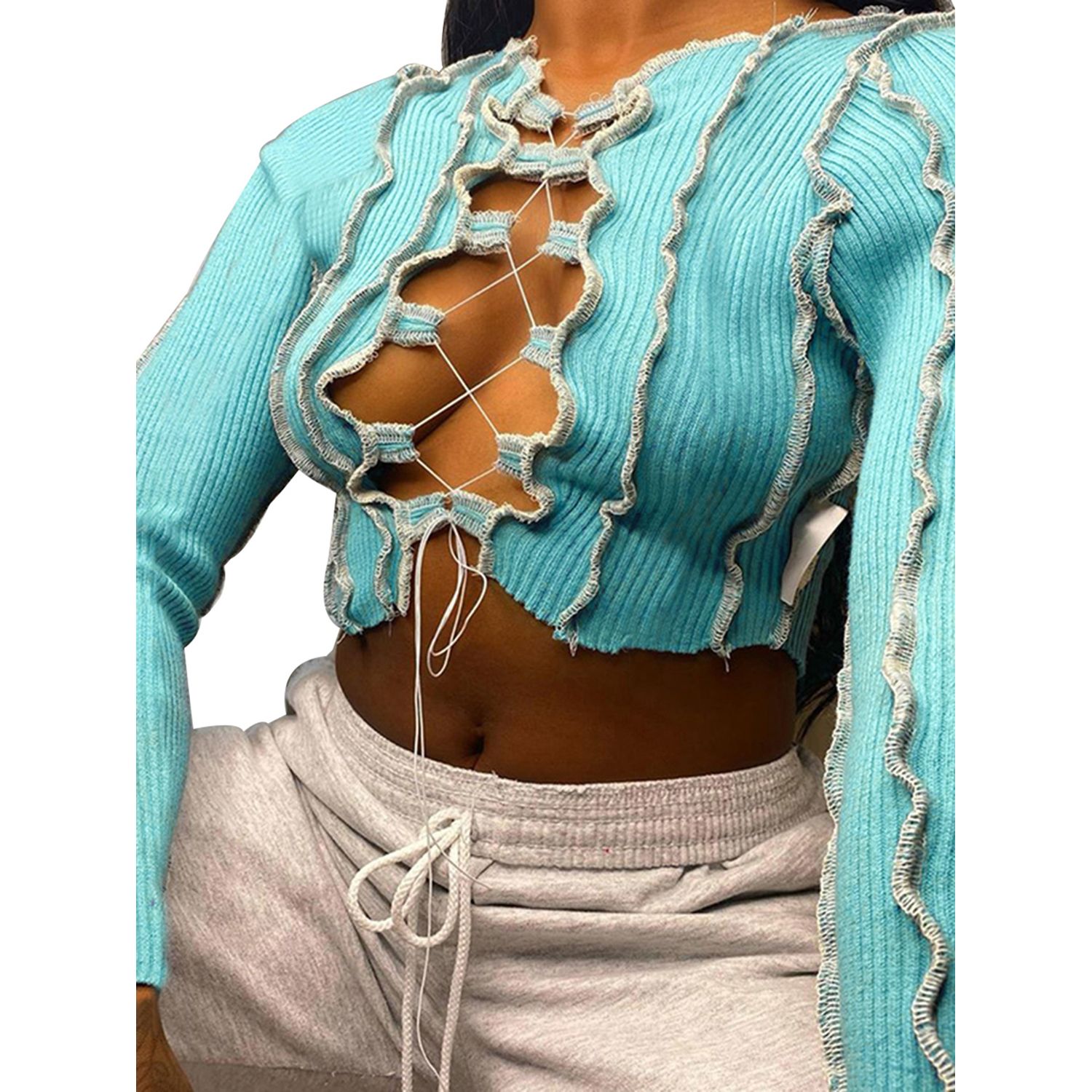 Women's  Crop Tops, Casual Lace Up Front Long Sleeve Rib-Knit Basic Tee Shirts