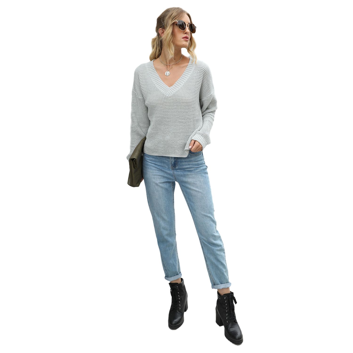 Women Fashion Long Sleeve V-neck Top Solid Color Top Fashion Knitwear for Ladies