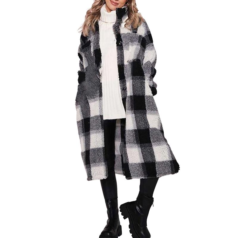 Women Fuzzy Plaid Coat, Adults Single-breasted Long Sleeve Lapel Outerwear with Pockets
