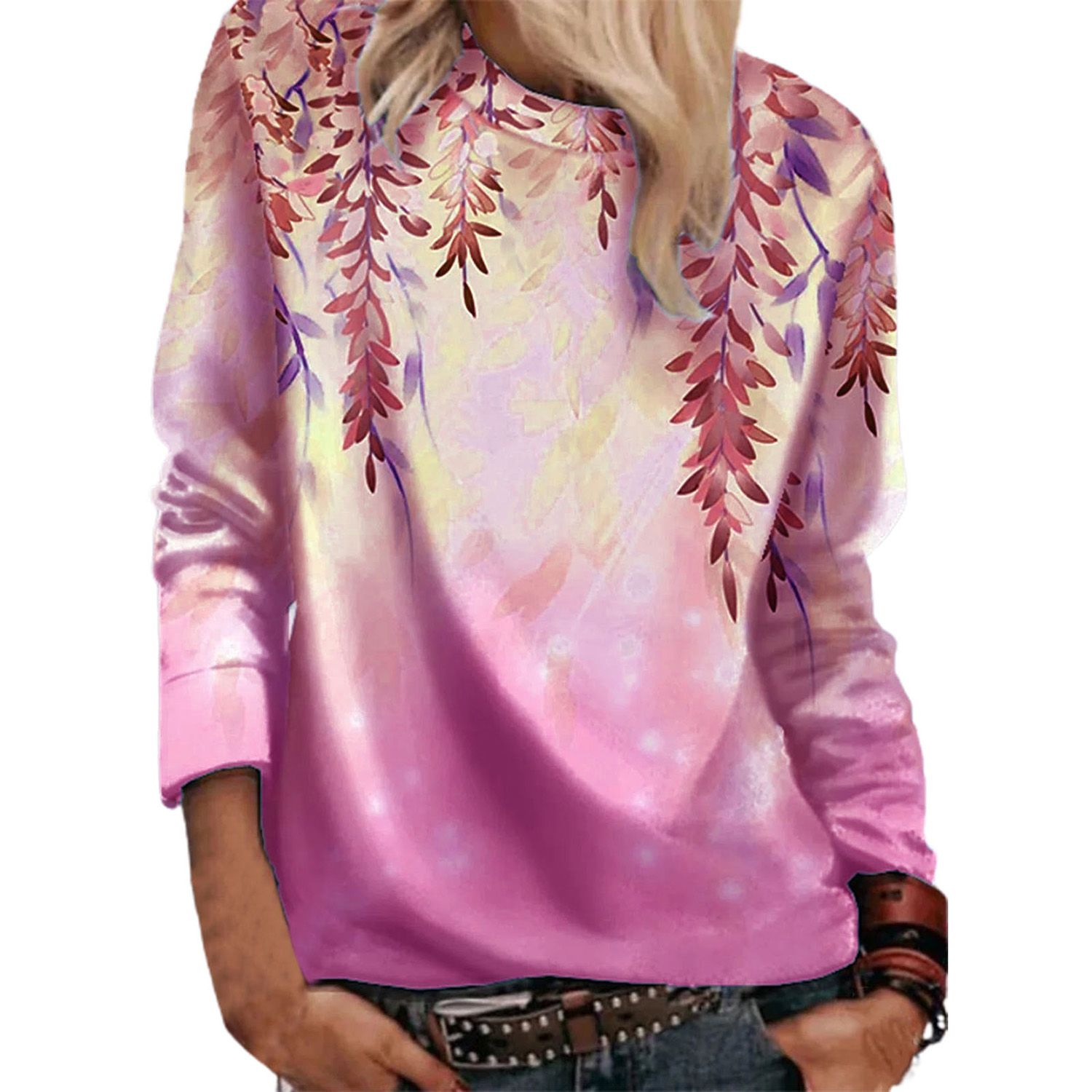 Casual Blouse O-Neck Leaf Printing Long Sleeve Lady Pullover Top