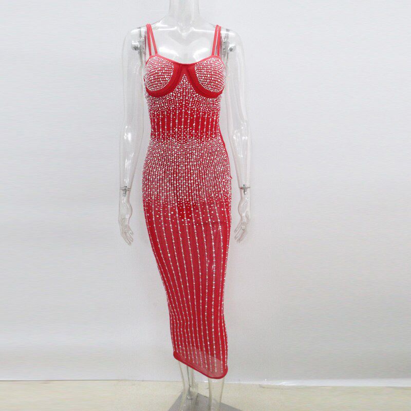 Kricesseen Sequin Glitter Crystal Midi Dress Vestido Women Sleeveless Strap Bodycon See Through Party Club Dresses