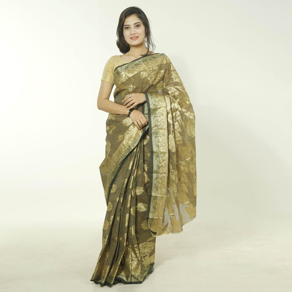 Golden Check Pabna Cotton Hand Loom Saree