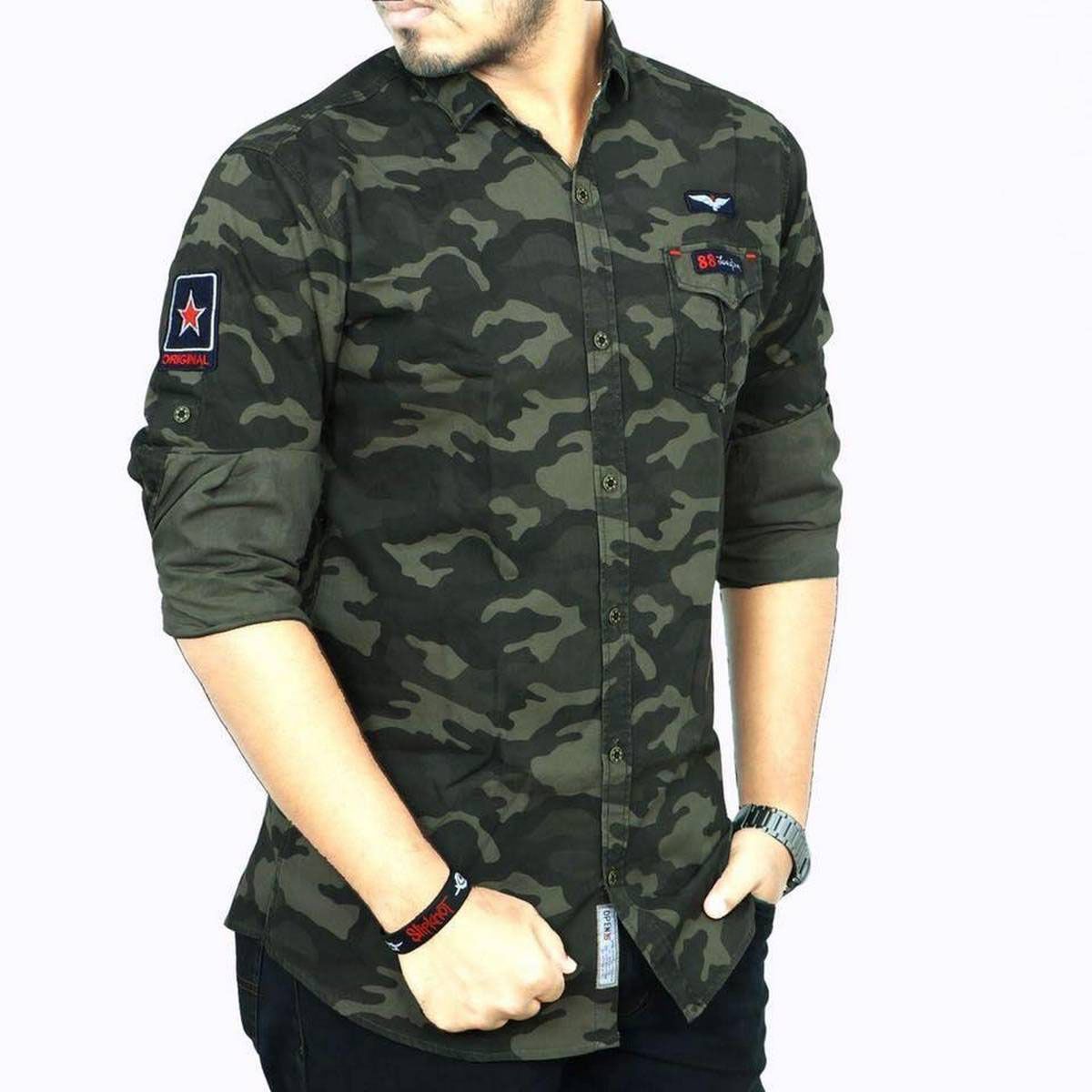 Army Green Cotton Long Sleeve Casual Shirt For Men - Army Green Shirt - Denim Shirt For Men