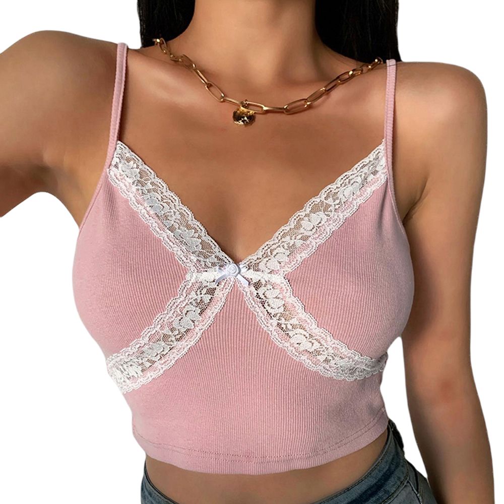 New Summer Girls  V-neck Camisole, Ladies Fashionable Lace Splicing Solid Color Backless Midriff-bar