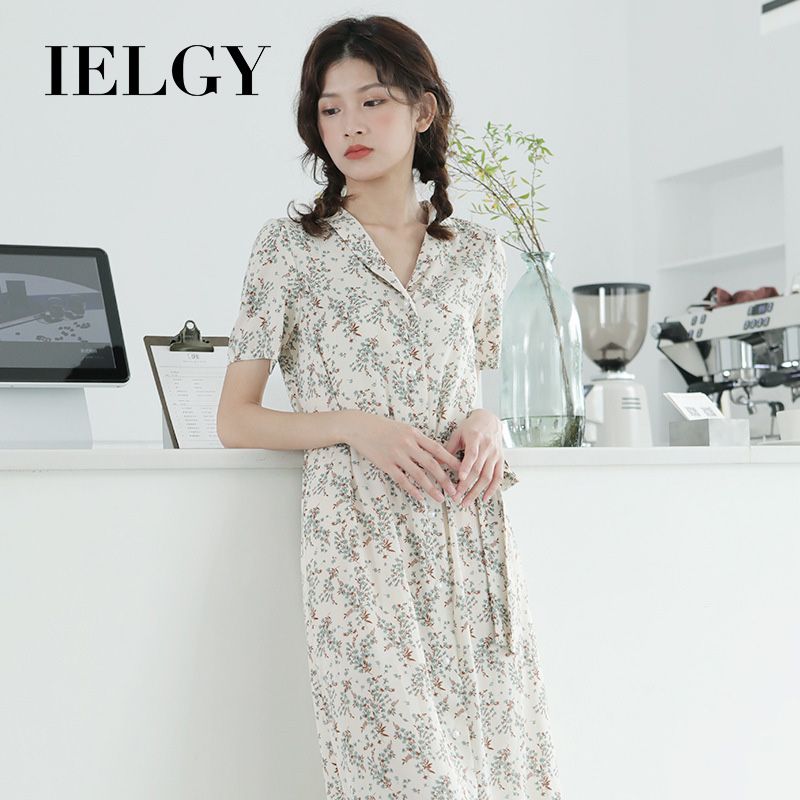 IELGY Korean V-neck short-sleeved waist floral dress summer women's long skirt