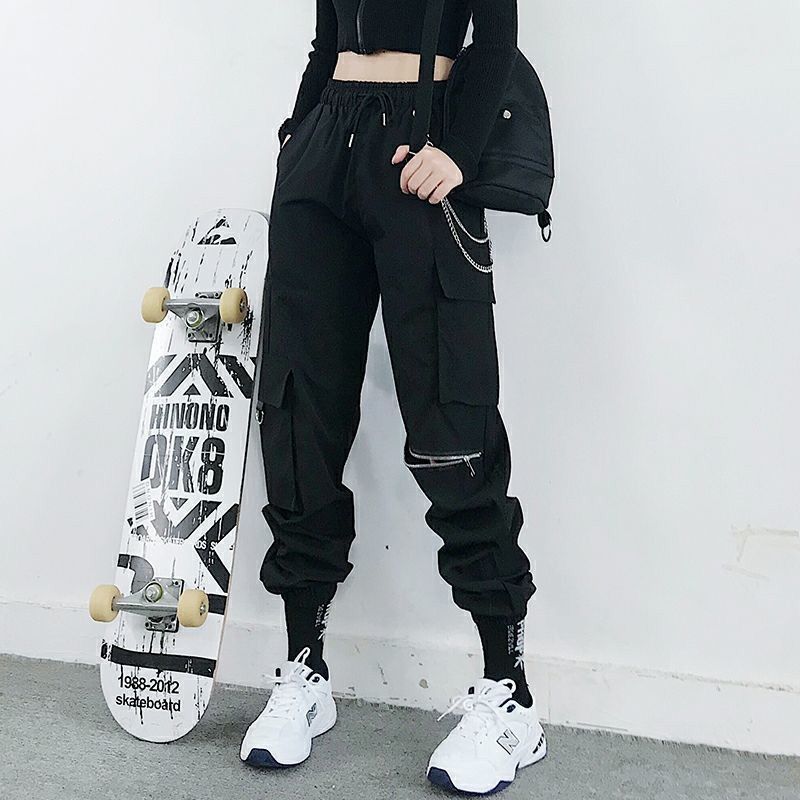 Black Cargo Pants Women Chain Wide Leg Hiphop Streetwear Women Pants Loose Female Baggy Oversize Korean Style Trousers
