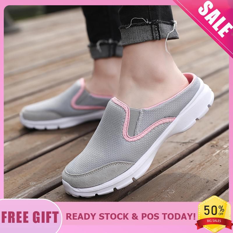Women Sneakers  Mesh Walking Casual Shoes Slip On Black Running Shoes For Women Flat Half Slippers Big Size 35-42