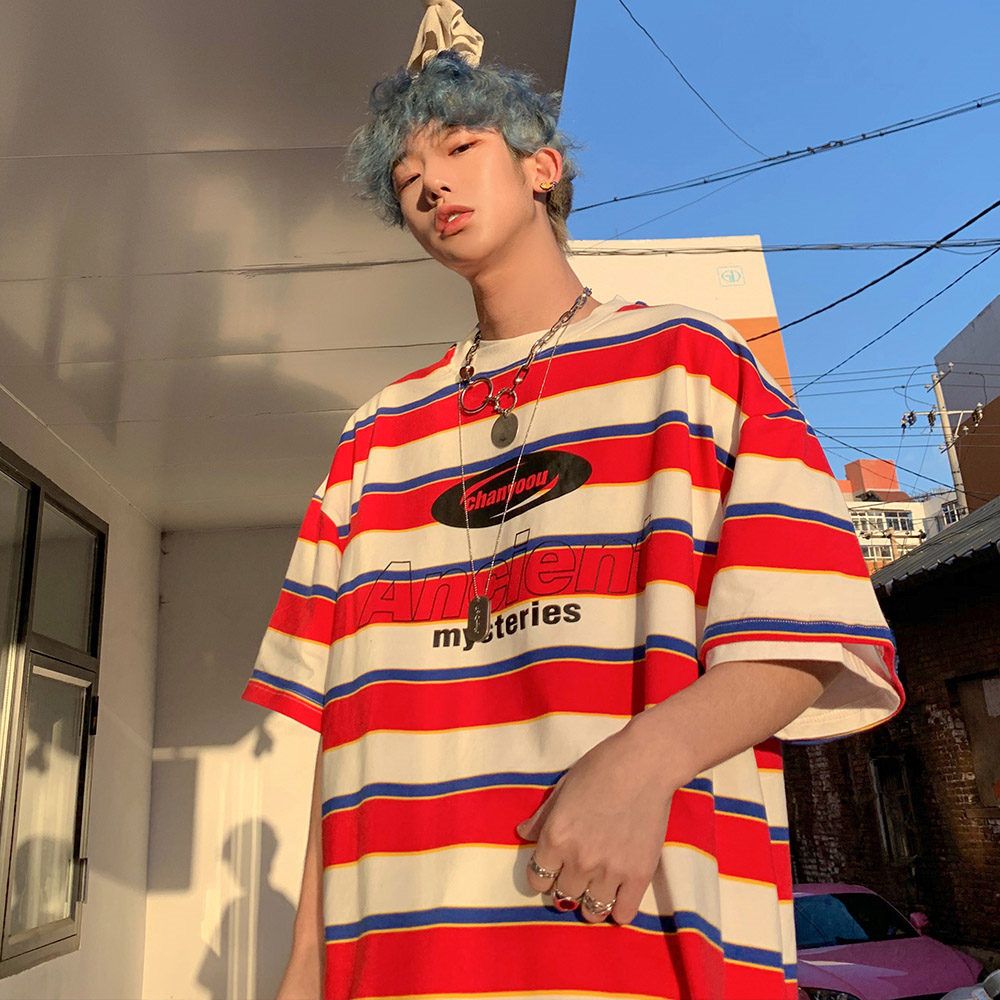 Striped Contrast Short Sleeve T-Shirt Men's Trendy Summer Street  Hop Loose Retro Couple Tops Personality