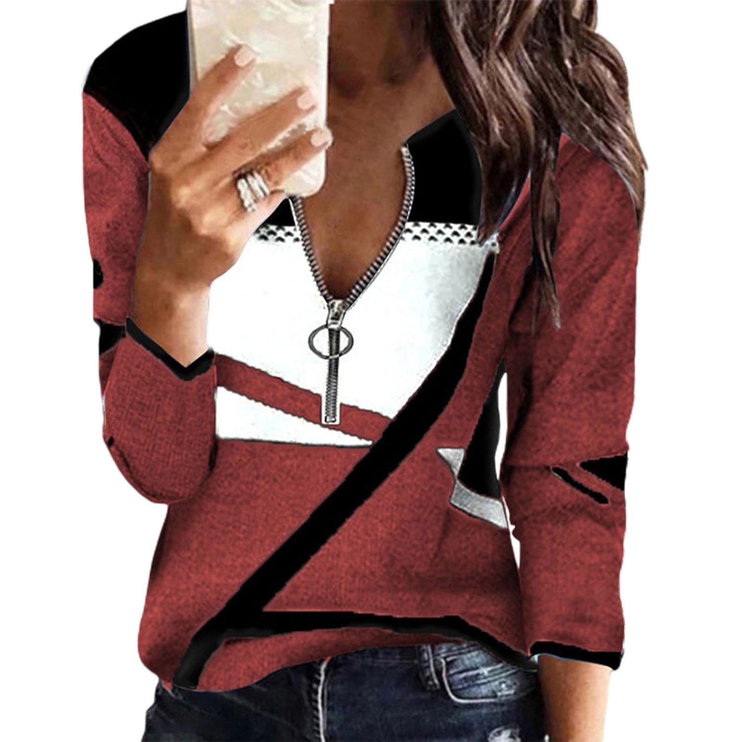 Women Blouse Color Block Fashion Appearance Contrast Color T-shirt