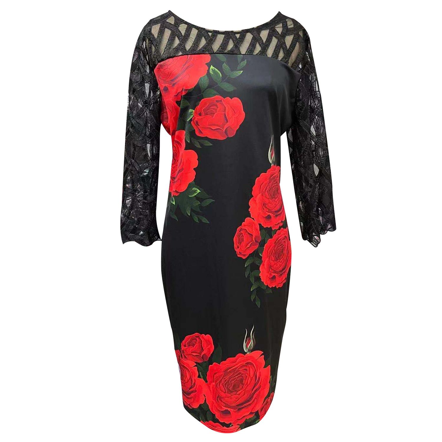 Formal Dress Digital Print Lace Women 3/4 Sleeve Round Neck Dress for Dating