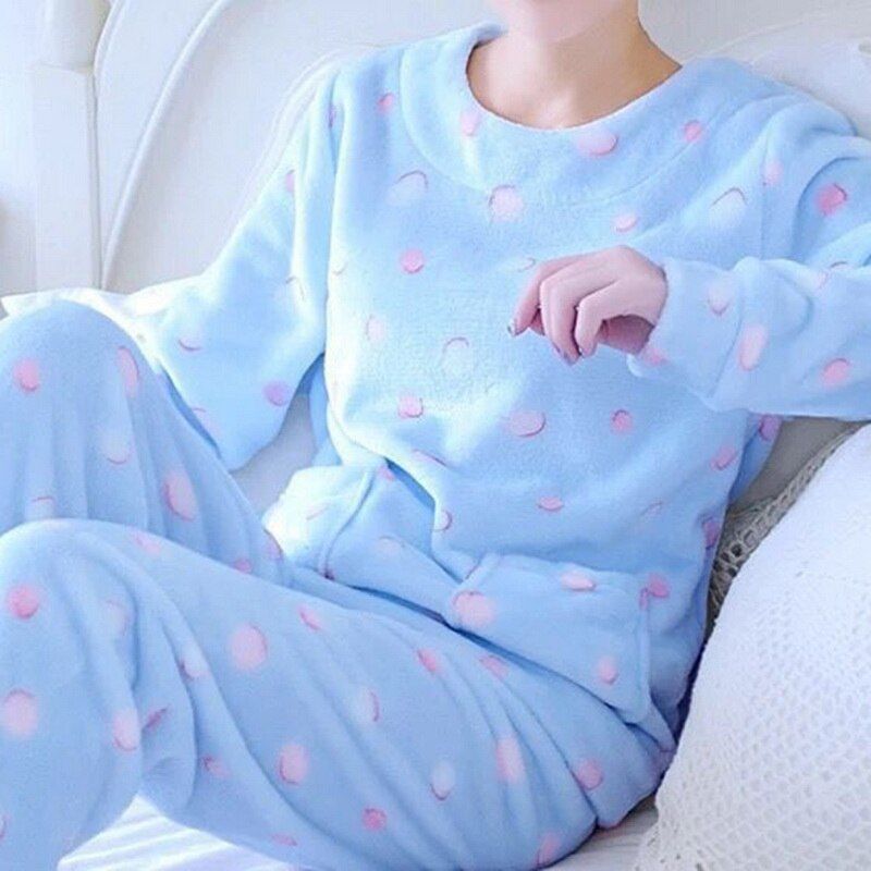 Winter Pajama Women Korean Sleepwear Cute Cartoon Flannel Pajamas Set Velvet Warm Pijama Round Neck Pyjama Homewear Women