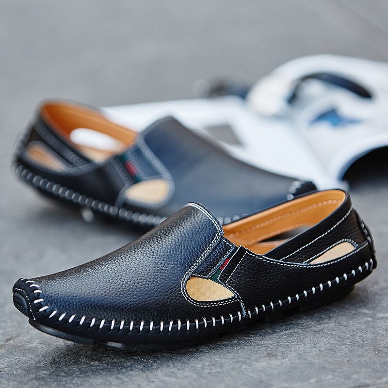 Susugrace summer men leather casual loafers we flats slip-on drive shoes Sandals black soft outdoor Moccasins Plus size 38-47