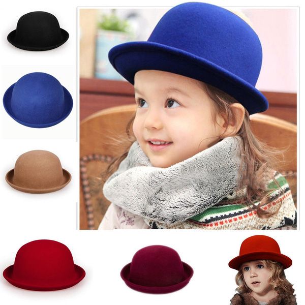 Unisex Kids Wool Felt Bowler Top Derby Hats Cloche Caps Girls Roller Up Brim