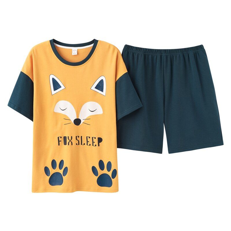 Summer Cotton Women's Pajamas Simple Cute Fox Print Sleepwear Short Sleeve Suit Pyjamas Crew Neck Home Suit For Women
