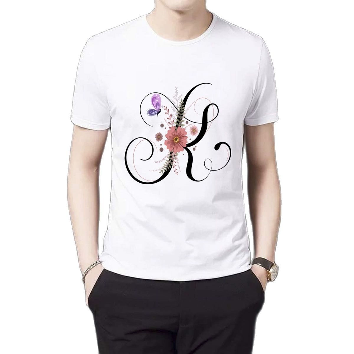 Floral Alphabet Letters A-Z White Color T-Shirt - T Shirt For Man