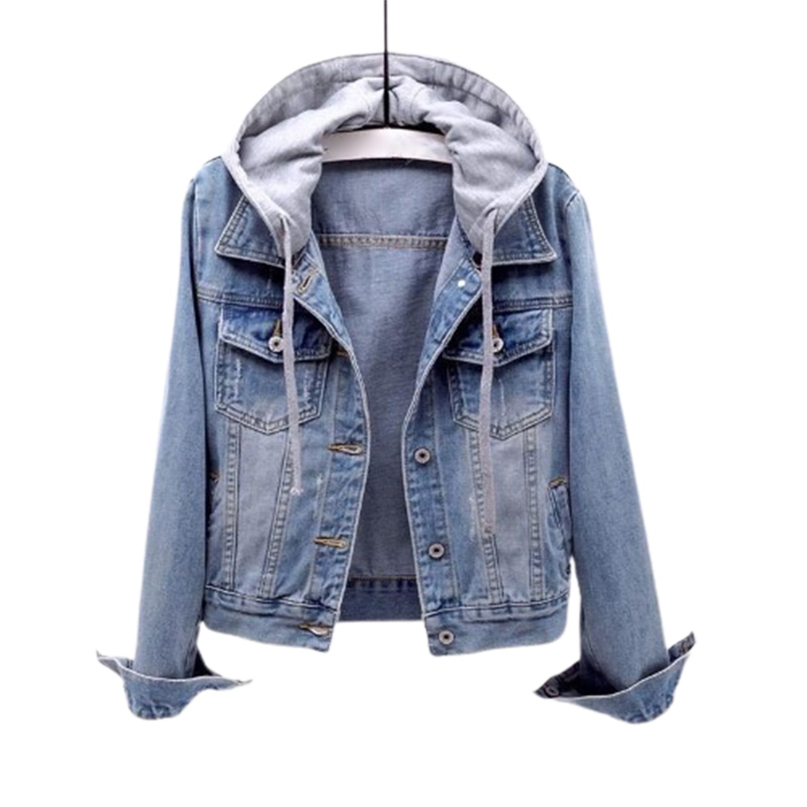 Women Hoodie Turndown Collar Women Short Slim Denim Jacket