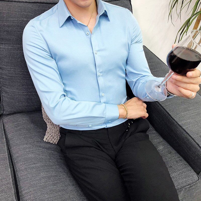 High Quality Men Shirt Long Sleeve Solid Formal Business Shirt Slim Fit Brand Man Dress Shirts Social Turn-Down Collar 6Colors