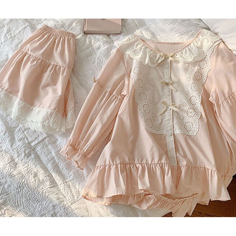 Women's Lolita Princess Lace Pajama Sets Cotton Tops+Shorts.Vintage Ladies Girl's Lace Pyjamas set.Summer Sleepwear Loungewear