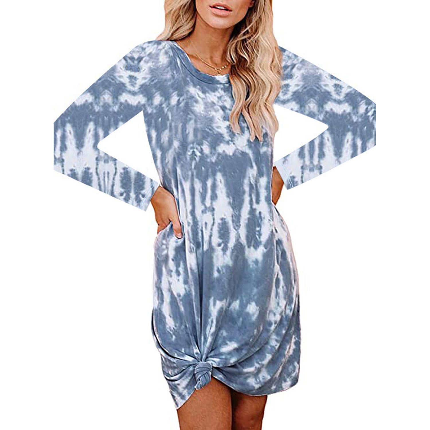 Ladies Temperament Long Sleeve Dress, Women Summer Autumn Personalized Random Dyeing Printing Round Collar Loose Middle Skirt for Shopping Dating