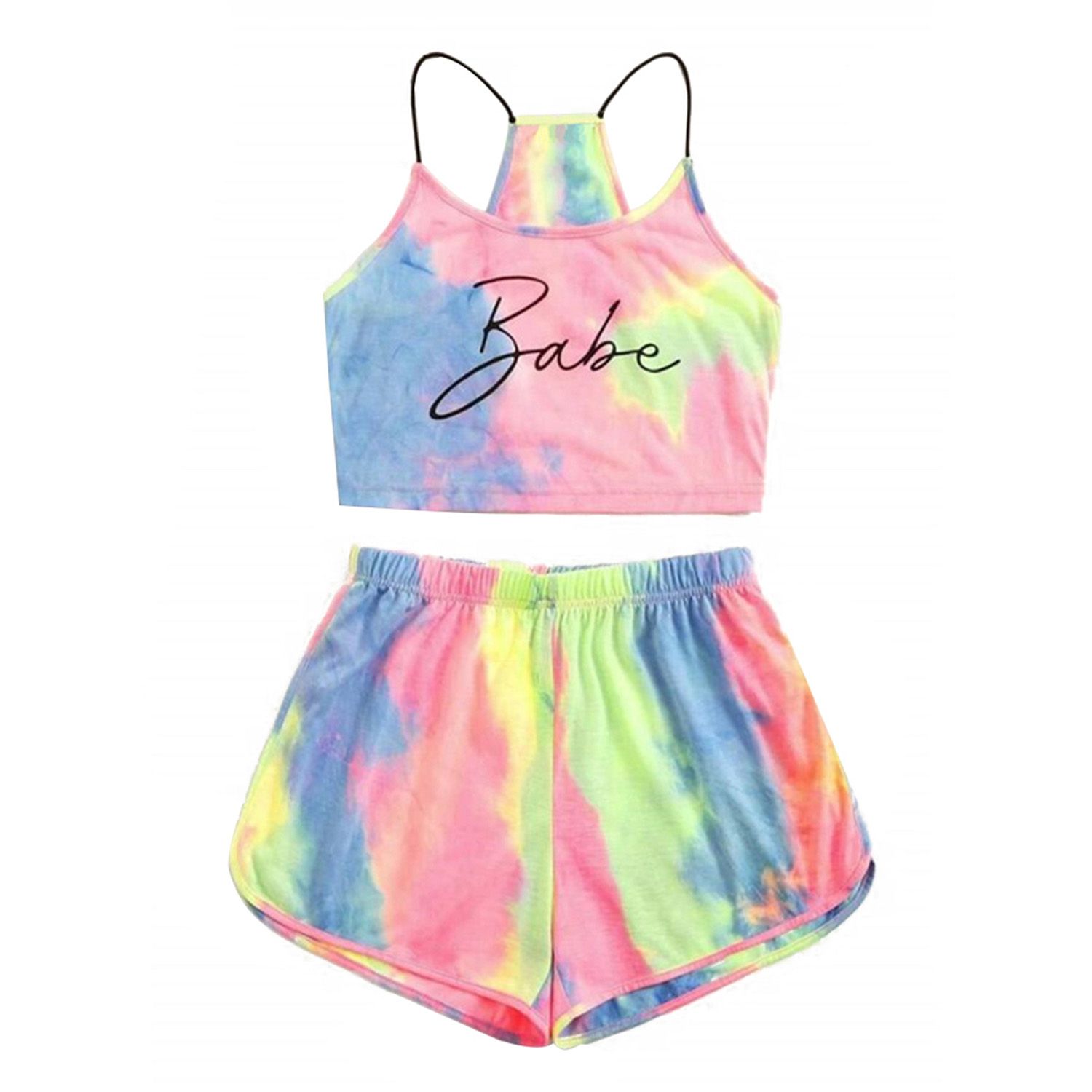 2021 Women’s Sports Two Piece Suit Personality Tie-dye Pullover Camisole and Elastic High Waist Shorts