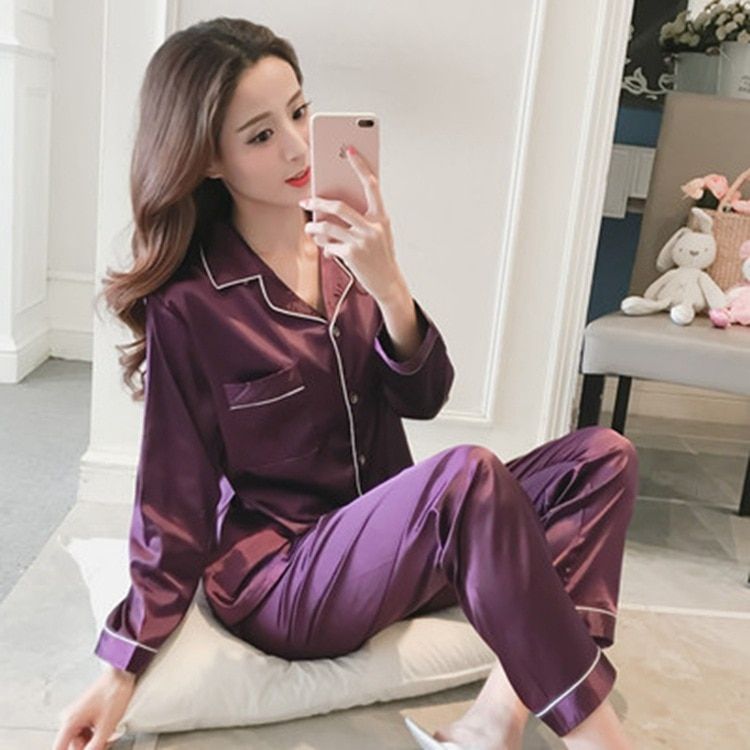 Women's Pajamas Winter Sleep Silk For Satin Set Sleepwear Sets  2Ppcs Long Sleeve Women's Home Wear Nightie Clothes Ladies Pjs