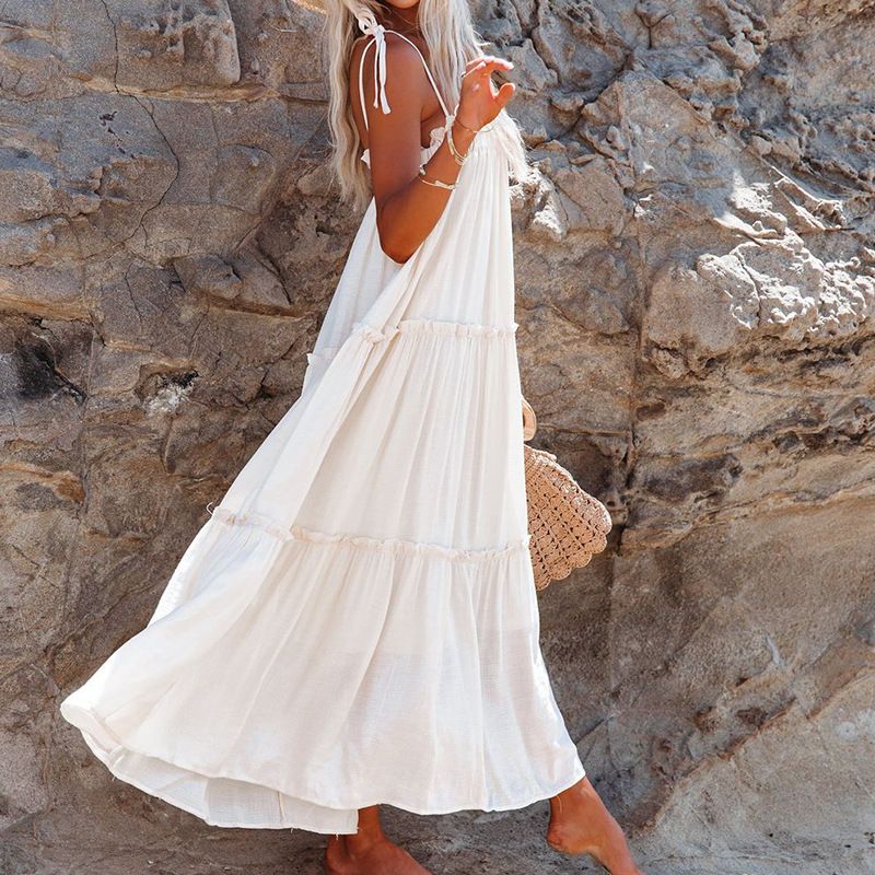Women's Sling Dress, Solid Color Ruffle Sleeveless Backless Tie-Up Spaghetti Strap Long Dress