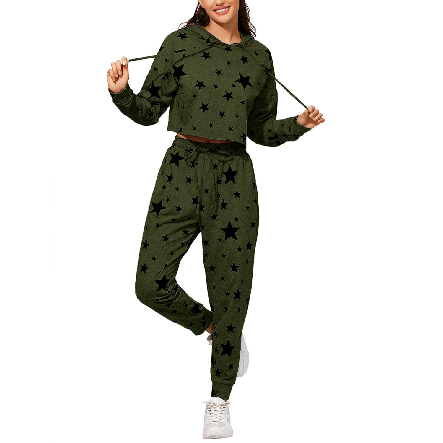 Women’s Two Piece Casual Clothes Fashion Starts Pattern Long Sleeve Hooded Top and Elastic High Waist Trousers