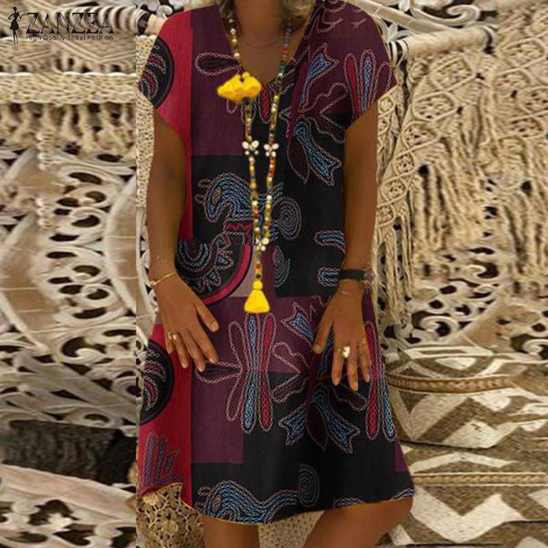 Women V Neck Floral Print Long Shirt Dress Cotton Ethnic Mini Dress Plus