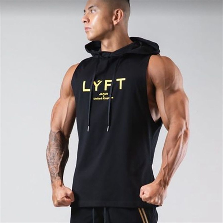 Men TaTops Muscle Hooded Shirt Vest Solid Sleeveless Hooded TaTops Gym Clothing Bodybuilding Stringer Hoodie