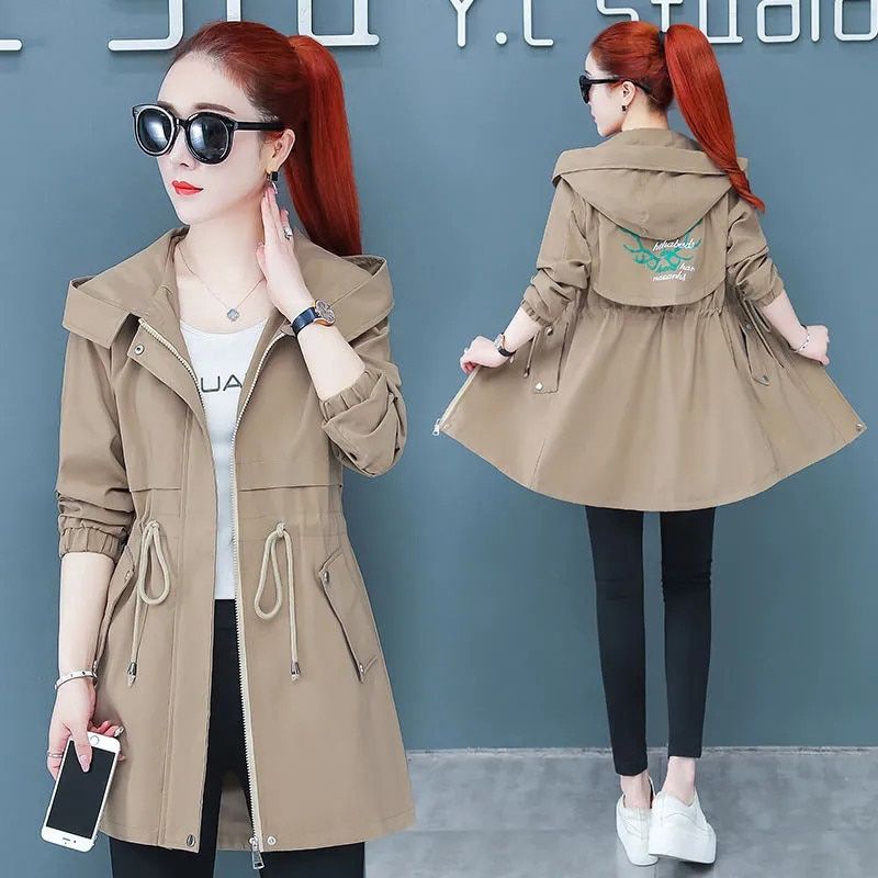Women's Trench Coat Autumn New Drawstring Hooded Mid Long Overcoat Plus Size Female Windbreaker Basic Coats Casual Tops