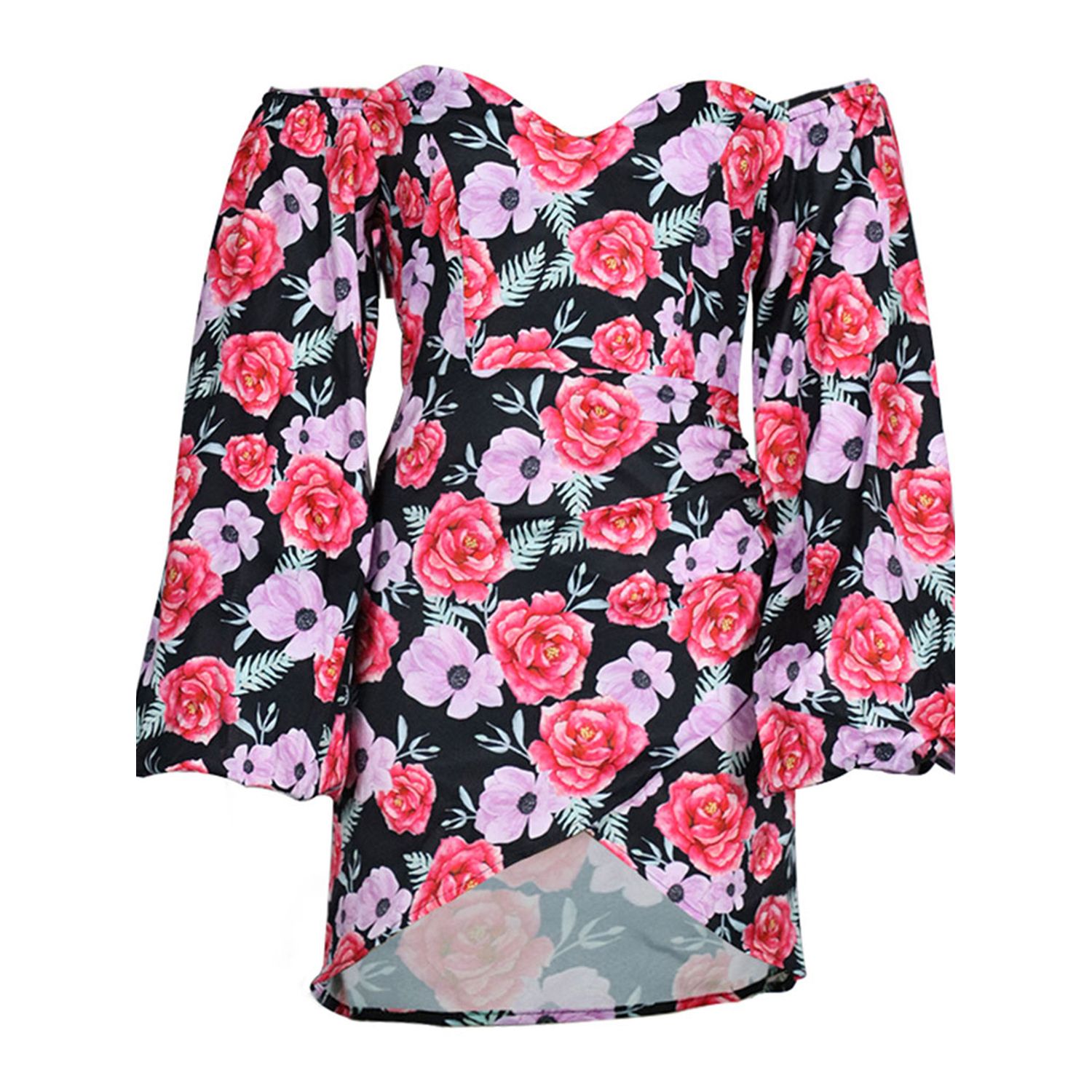 Women’s Personality Lantern Sleeve Dress Fashion Flower Pattern  Square Collar Skinny Midi Dress