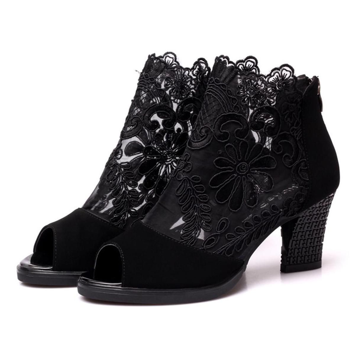 【ALLGOOD】Fashion High Heel for Women Black Red Lace Mesh Latin Peep Toe Pumps Dancing High-heeled Boots