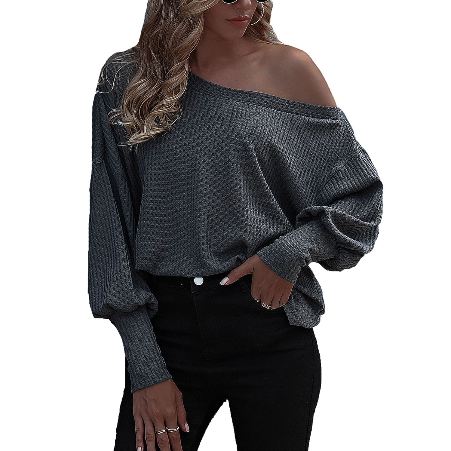 Women’s Casual Loose Long-sleeves Knitwear Autumn Fashion Solid Color Diagonal Collar Pullover Top