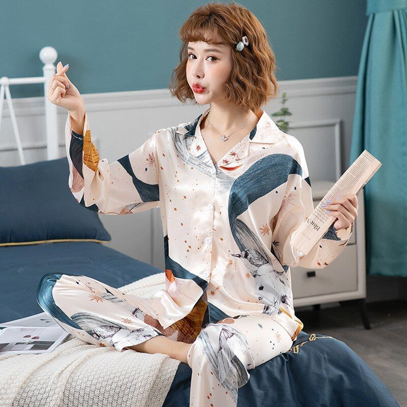 Silk Pajamas Women's Summer Long-sleeved Trousers Suit Ladies Silk Loose Casual Home Wear Fashion Printing Cute Women Pajamas