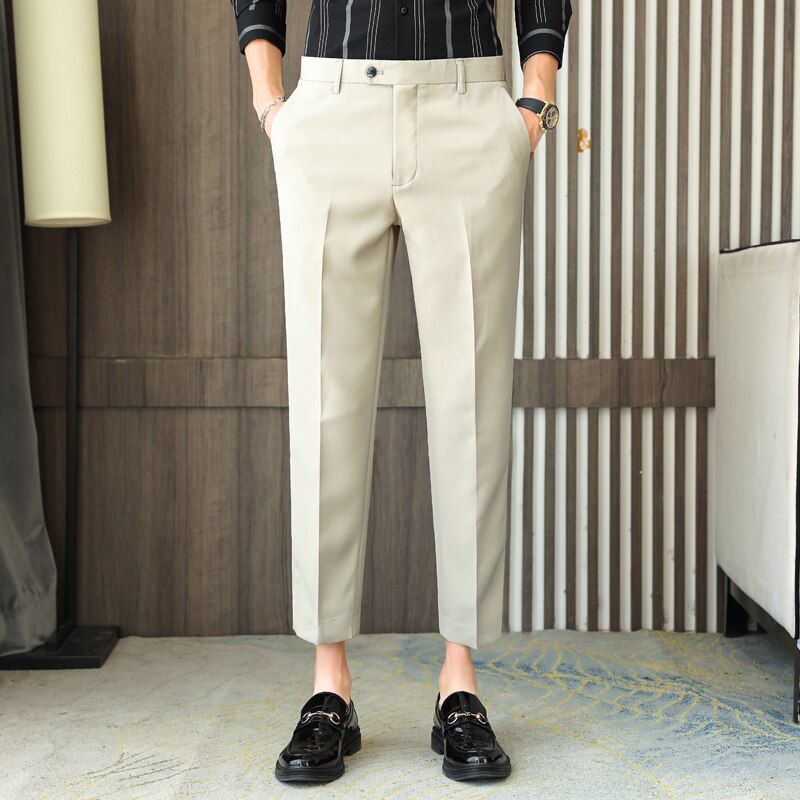 British Style Fashion Summer Ice Silk Business Dress Pants Men Clothing ple Ankle Length Slim Fit Straight Office Trousers 36