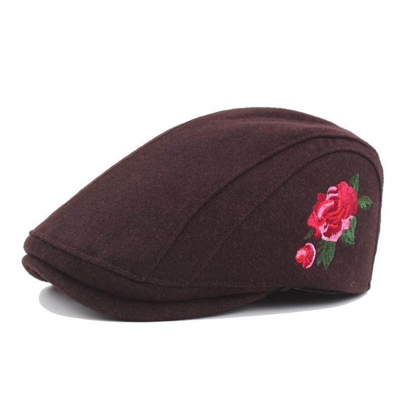 Women Retro Rose Embroidery Wool Blend Beret Hat Casual Warm Visor Cabbie Hats Newsboy Caps -  red {adjustable}